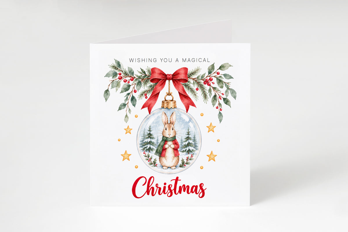 Festive Christmas card for Boys – Red Bunny in a Christmas Bauble