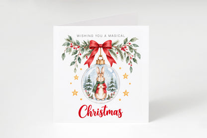 Festive Christmas card for Boys – Red Bunny in a Christmas Bauble
