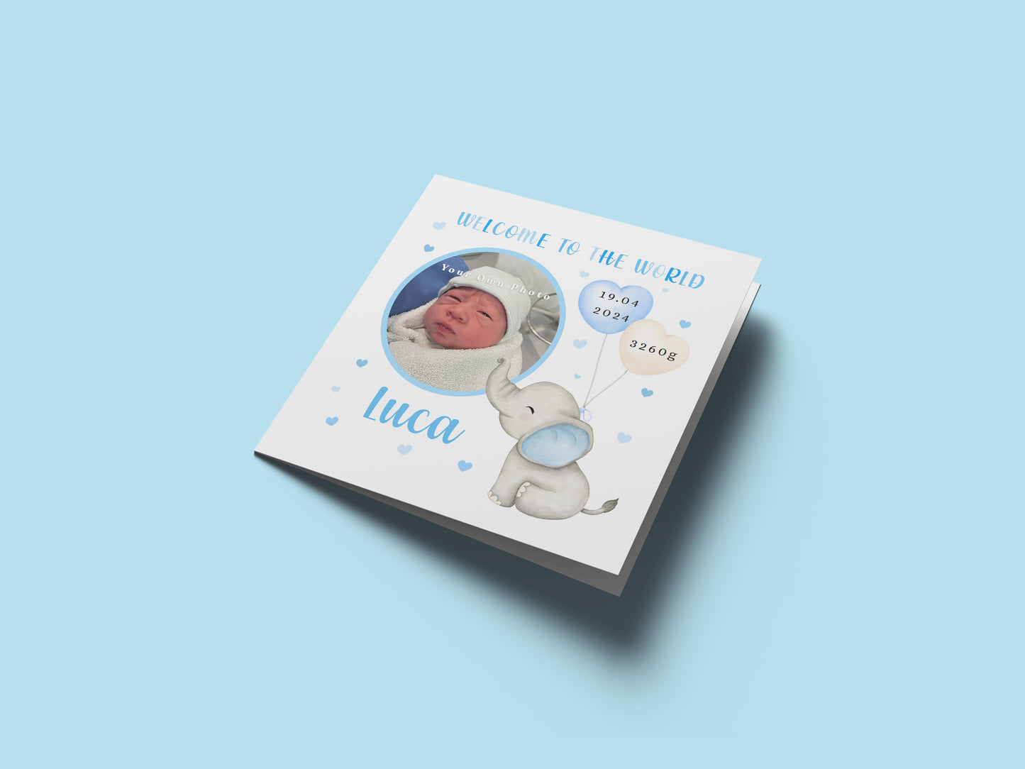Personalised Photo New Baby Boy Card Congratulations for Newborn Boy, Welcome To The World Card for Son, Grandson, Nephew with Cutstom Photo Frame, Name, Birth Date & Weight with Blue Envelope