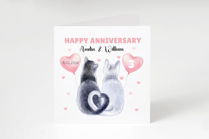 Personalised Cute Cats Anniversary Card - Custom Couple Names, Date and Years of Anniversary for Wedding, 1st, 2nd,10th, 20th - For Cat Lovers, Him, Her, Wife, Husband - Pink Envelope Inclided