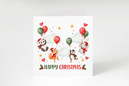 Cute Animal Christmas Card – Panda, Fox, Penguin & Elephant