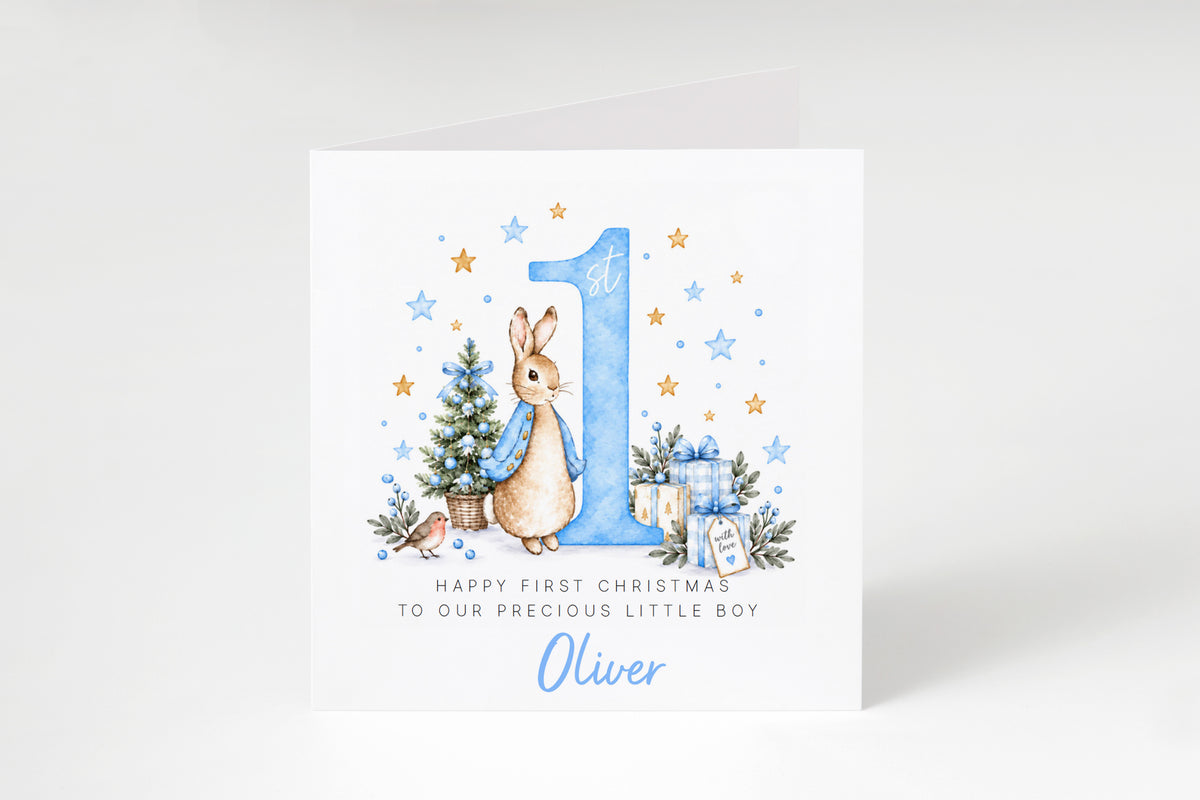 Personalised Christmas Card for Baby Boys – Cute Blue Rabbit and Number 1