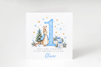 Personalised Christmas Card for Baby Boys – Cute Blue Rabbit and Number 1