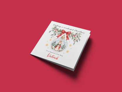 Personalised Christmas card for Boys – Red Bunny in a Christmas Bauble
