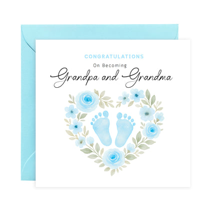 Personalised New Baby Boy Card – Congratulations On Becoming Mum & Dad, Auntie & Uncle, Grandpa & Grandma – Blue Baby Feet design - Blue Envelope Included