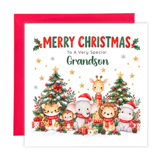 Jungle Animals Christmas Card for Grandson - Cute Safari Animals Design