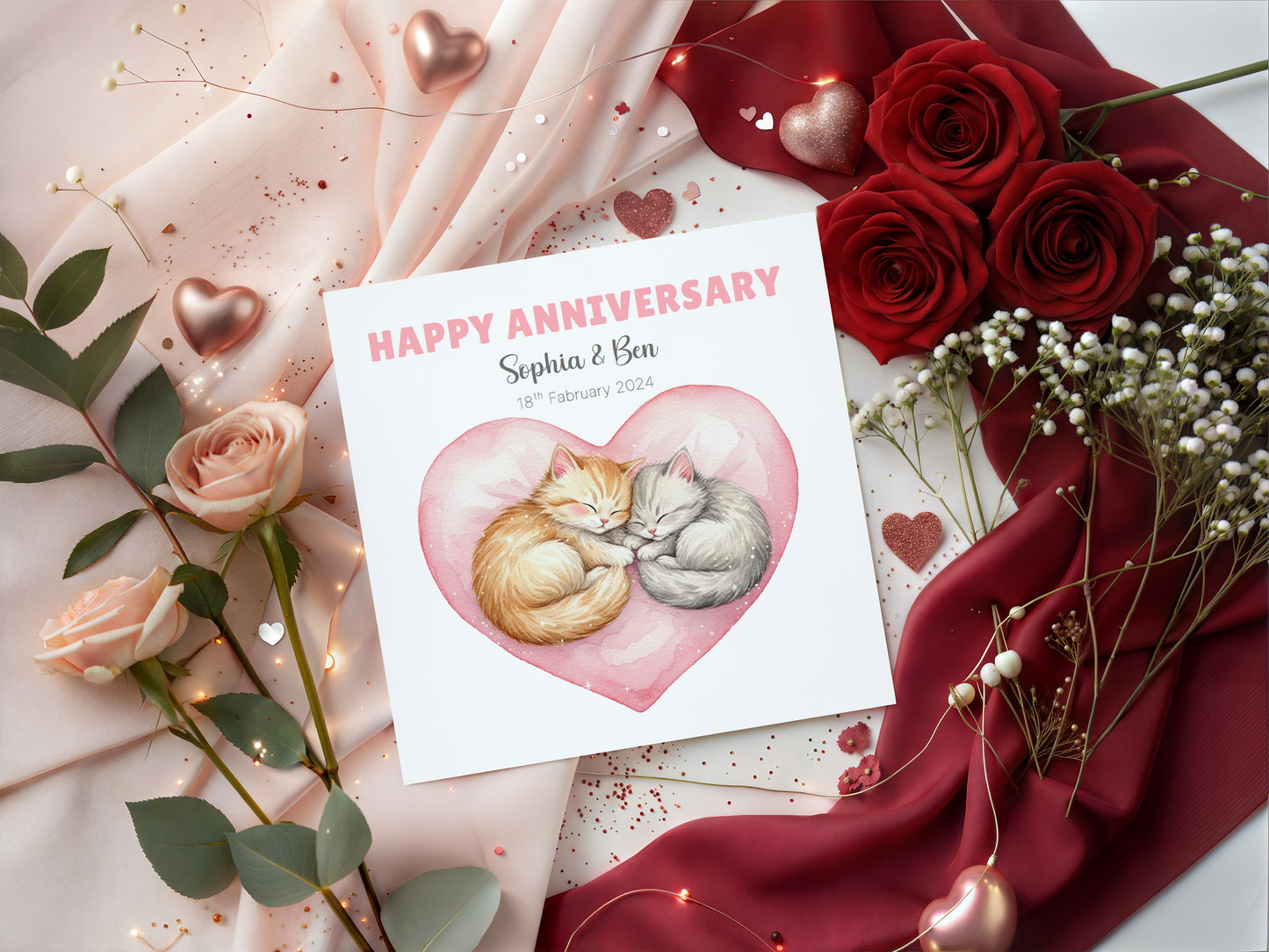 Personalised Cute Cats Anniversary Card - Custom Couple Names & Date for Wedding, 1st, 2nd,10th, 20th - For Cat Lovers, Him, Her, Wife, Husband - Pink Envelope Included