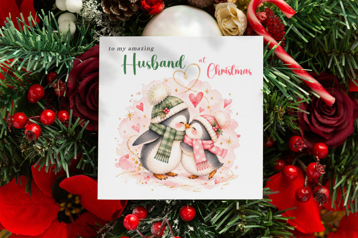Merry Christmas Card for Husband  – Cute Penguin Couple Christmas Card