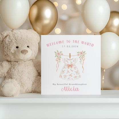 Personalised New Baby Girl Card Congratulations for Newborn Daughter, Granddaughter, Niece - Welcome To The World Card with Floral Dress Design - Custom Date, Message & Name with Pink Envelope