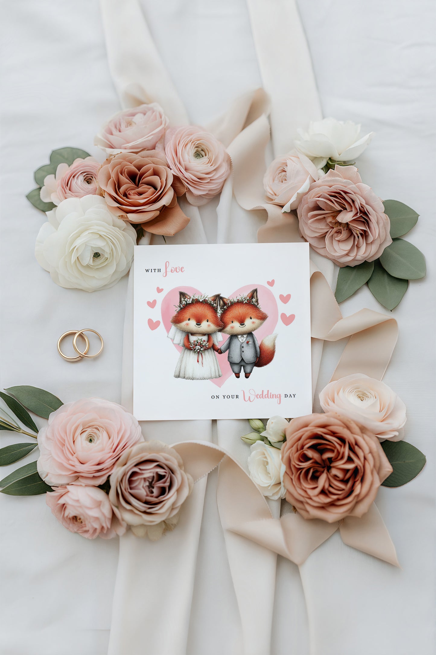 Cute Fox Wedding Card – Wedding Congratulations Card – Adorable Animal Wedding Card – Romantic Wedding Day Card for Newlywed couples, Animal Lovers, Him or Her – Pink Envelope Included