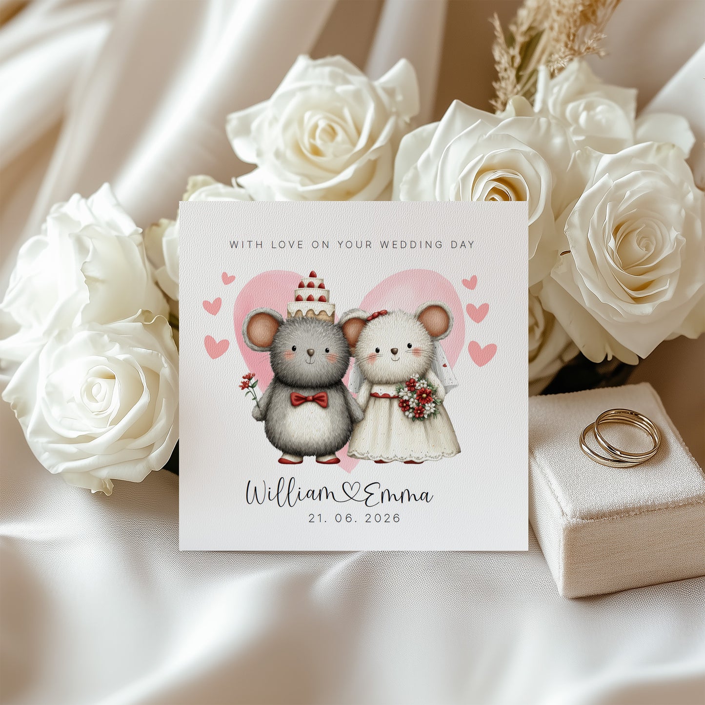 Personalised Wedding Card with Custom Couple's Names & Wedding Date – Cute Mouse Design - Wedding Congratulations Card for Newlywed couples, Animal Lovers, Him or Her - Pink Envelope Included