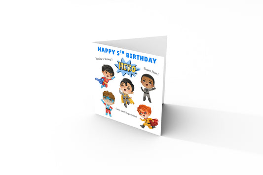Superhero 5th Birthday Card for Boys – Superhero Characters Design for Age 5 Years Old, Fifth Birthday Kids, Little Birthday Hero, Son, Grandson, Nephew –  Blue Envelope Included