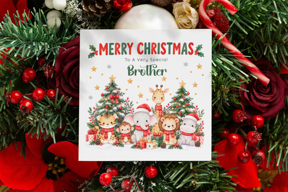 Jungle Animals Christmas Card for Brother - Cute Safari Animals Design