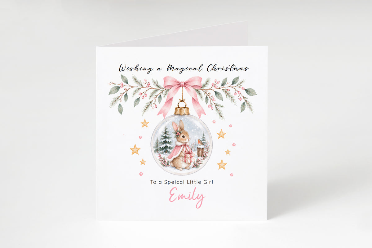 Personalised Christmas Card for Girls – Bunny in a Christmas Bauble