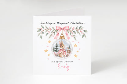 Personalised Christmas Card for Girls – Bunny in a Christmas Bauble