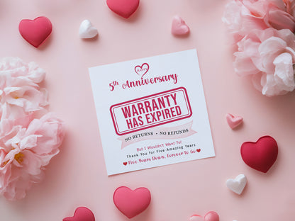 Funny 5th Anniversary Card- Warranty Has Expired - 5 Year Wedding Anniversary Card – No Returns No Refunds Joke Card for Wife, Husband, Her, Him, Relationship Milestones - Red Envelope Included