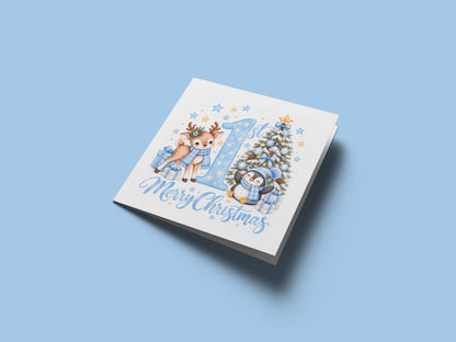 Baby Boy's 1st Christmas Card – Reindeer & Penguin Christmas Card
