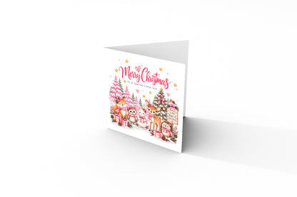 Pink Forest Christmas Card for Girls – Cute Christmas Woodland Animals