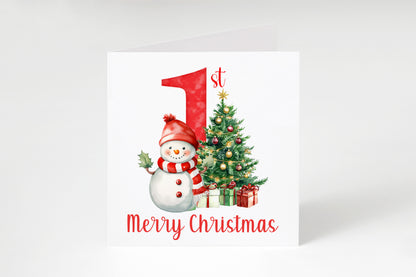 Happy Baby Boy or Baby Girl's First Christmas Card – Snowman and Xmas Tree