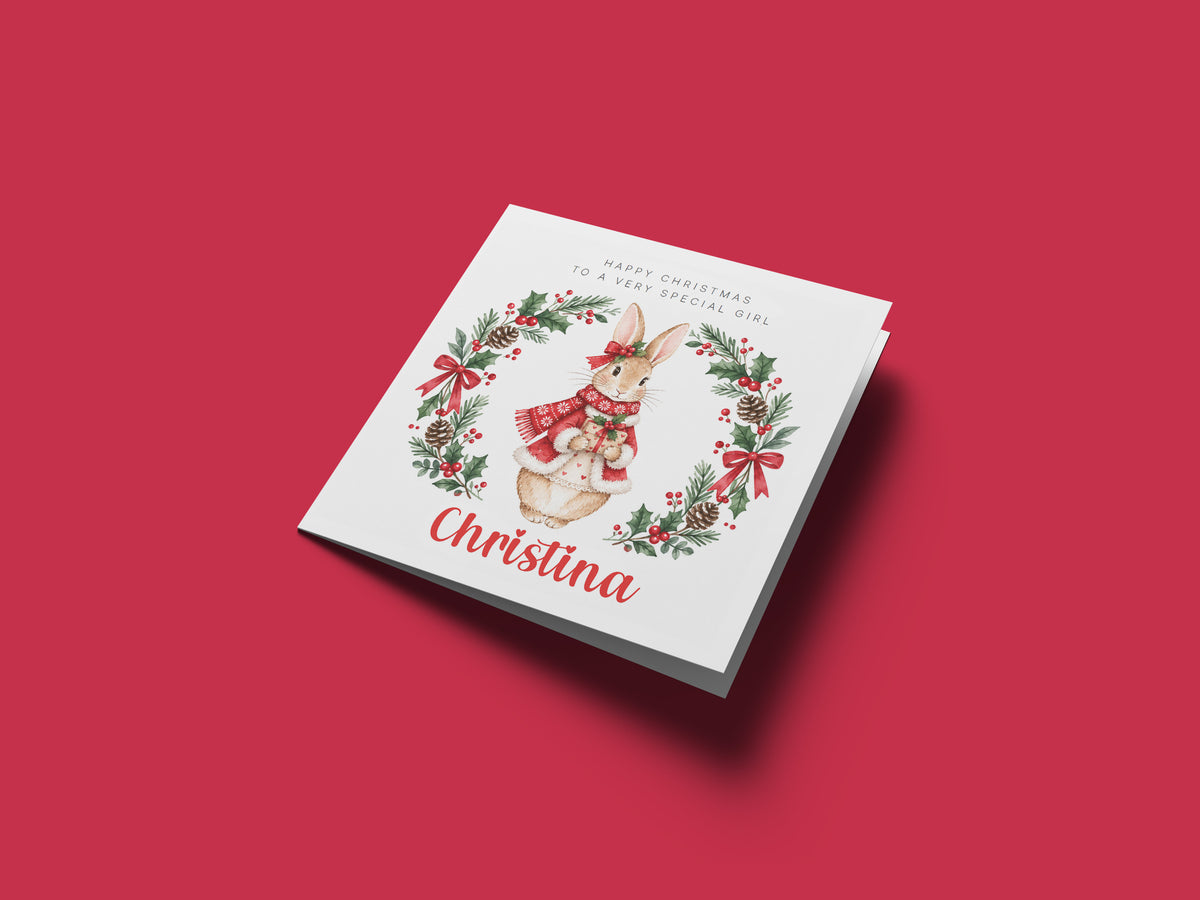 Personalised Christmas Card for Girls – Festive Bunny and Xmas Wreath