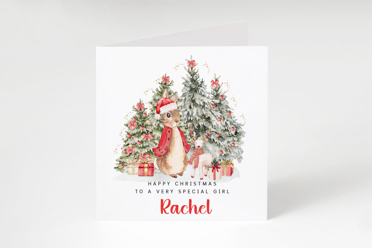 Personalised Christmas Card for Girls – Red Rabbit and Christmas Trees