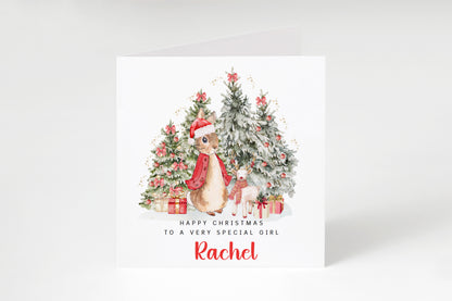 Personalised Christmas Card for Girls – Red Rabbit and Christmas Trees