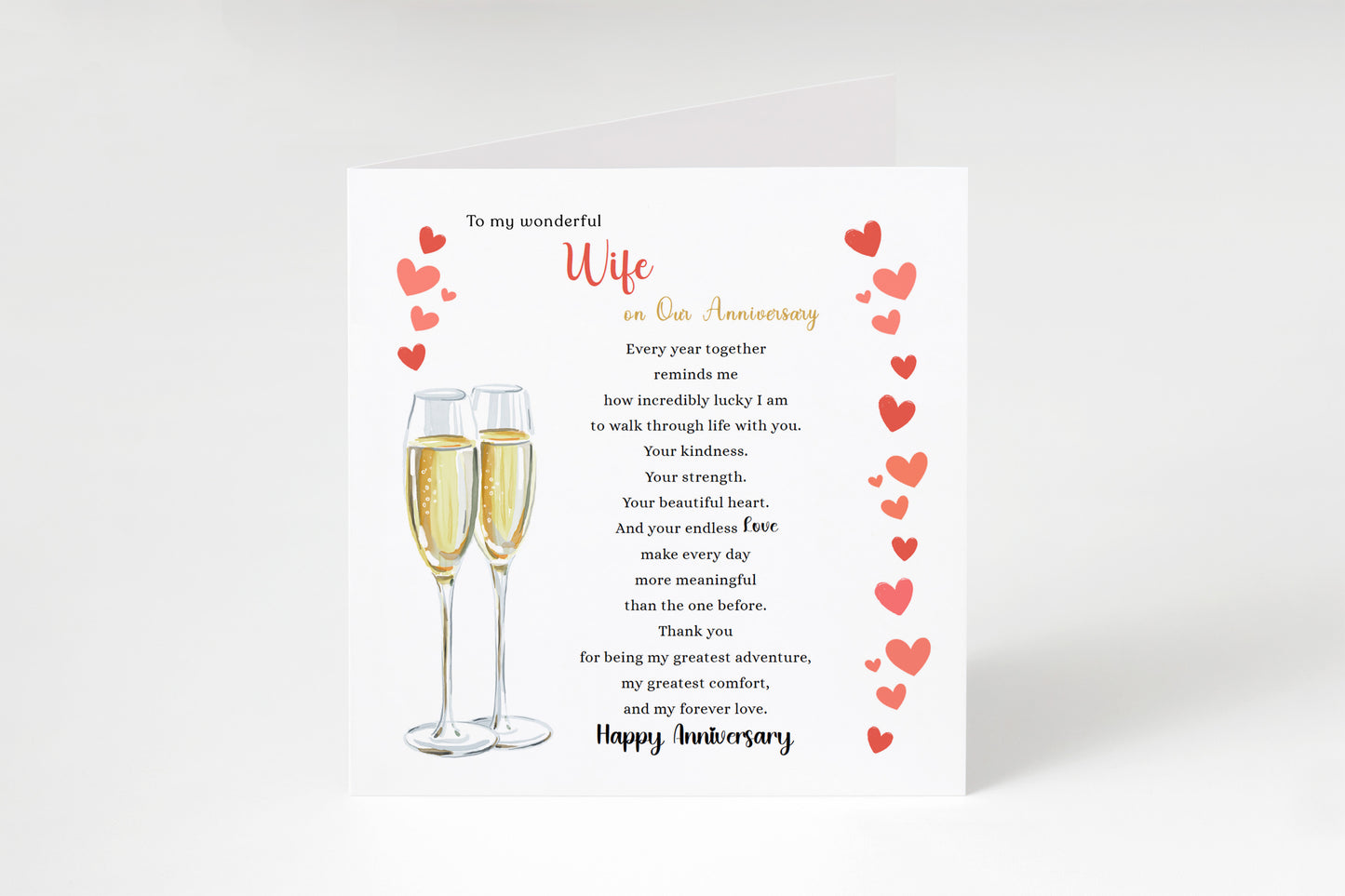 Luxury Champagne Glasses Anniversary Card for Wife - Romantic Anniversary Card for Her, Wedding, Dating, Relationship Milestones 1st, 2nd, 3rd, 5th, 10th, 20th 30th - Gold Envelope Included