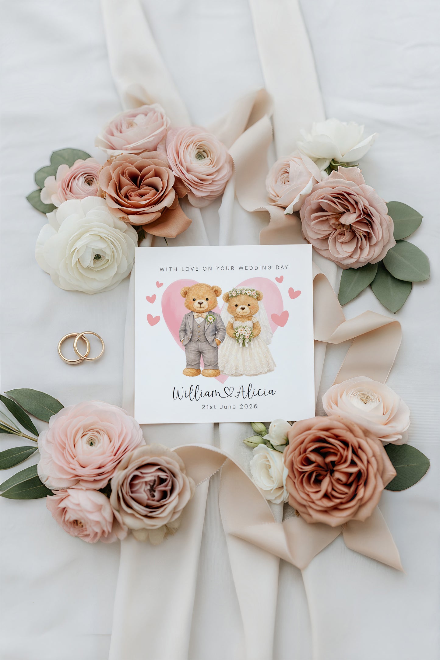 Personalised Wedding Card for Bride & Groom with Custom Names & Date -  Cute Teddy Bear Design Wedding Greeting Keepsake Card for Him or Her - Pink Envelope Included