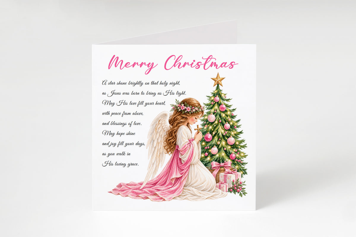 Angel & Christmas Tree Christian Christmas Card – Pink Watercolour Design
