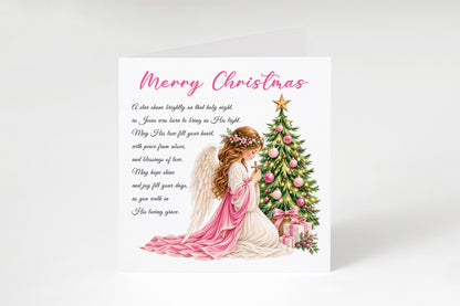 Angel & Christmas Tree Christian Christmas Card – Pink Watercolour Design