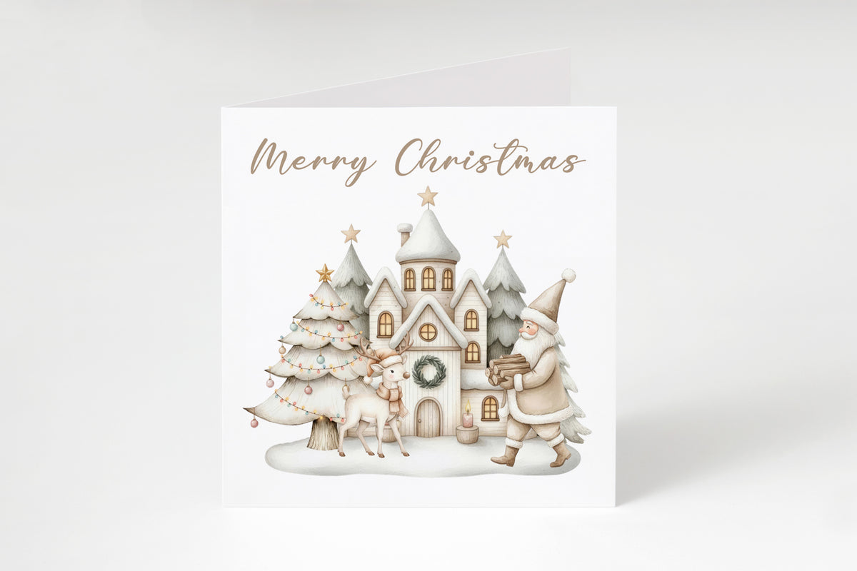 Beige Christmas Card for Him or for Her – Santa & Reindeer