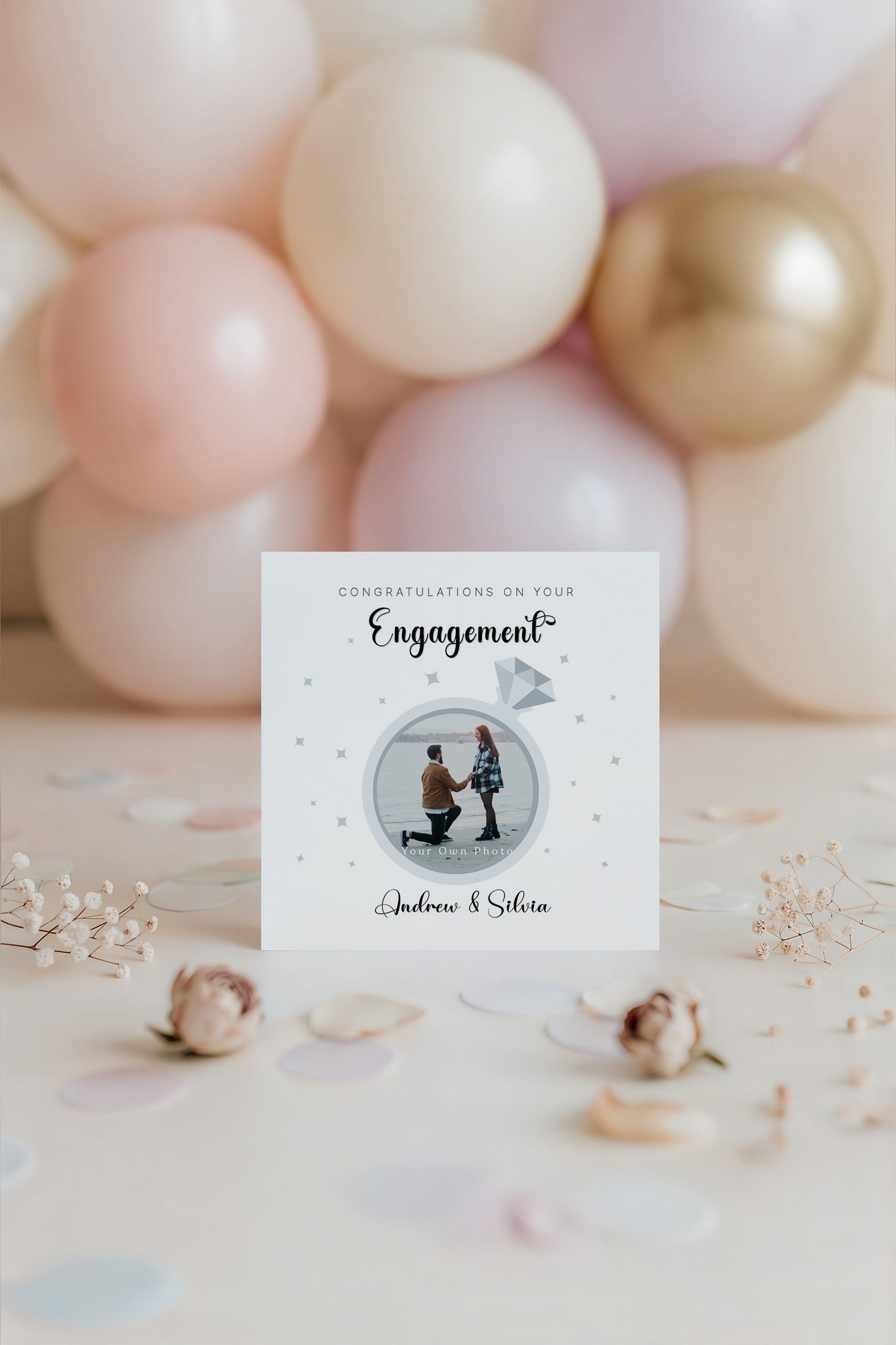 Personalised Photo Engagement Card – Custom Photo & Couple's Names - Diamond Ring Photo Frame Design - Congratulations Engagement Card for Newly Engaged Couples - Kraft Envelope Included