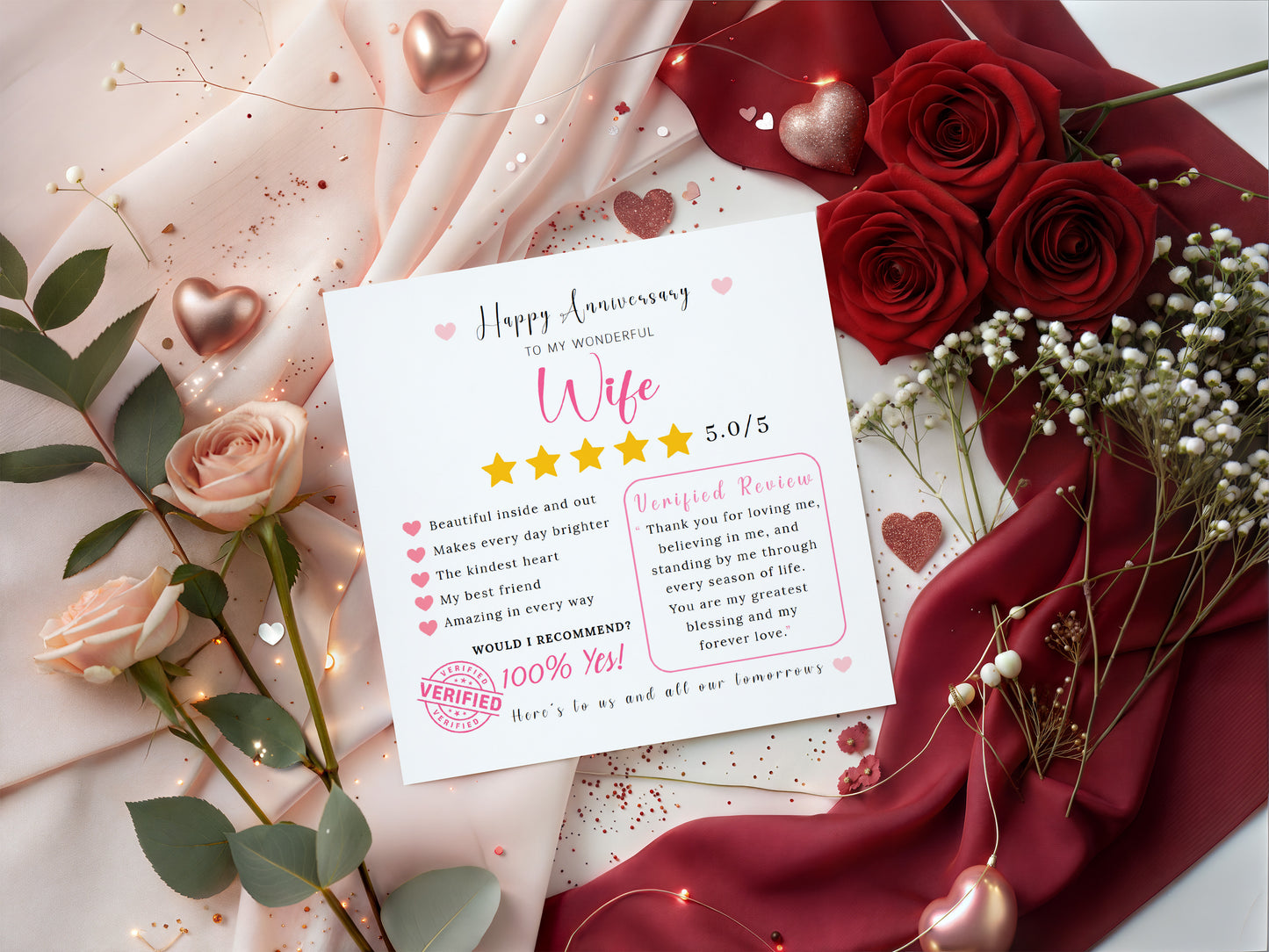 Funny Anniversary Card for Her - 5 Star Review Anniversary Card for Wife, Wedding, Dating, Relationship Milestones 1st, 2nd, 3rd, 5th, 10th, 20th 30th - Pink Envelope Included