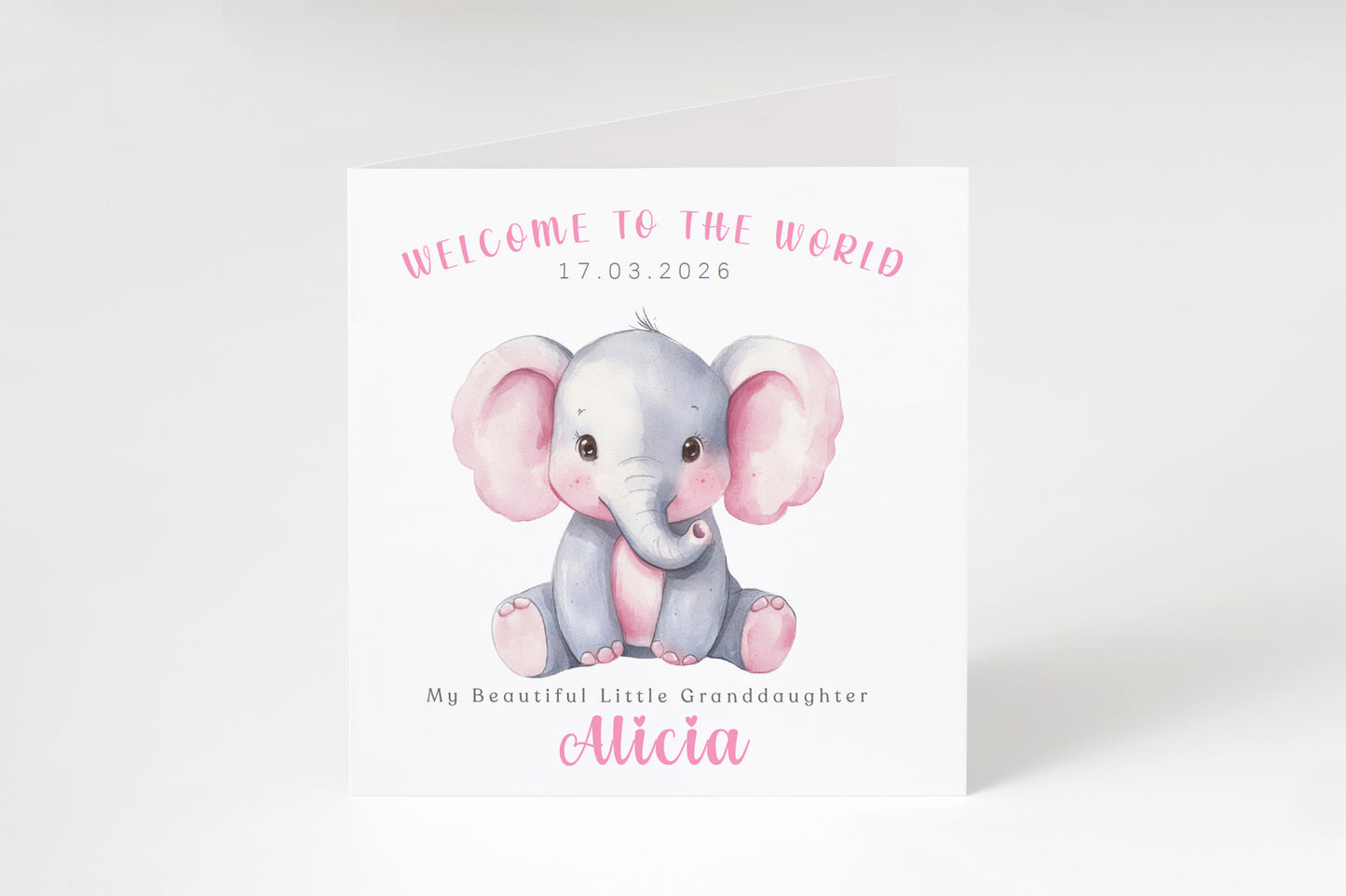 Personalised New Baby Girl Card Congratulations for Newborn Daughter, Granddaughter, Niece, Welcome To The World Card with Elephant Design with Custom Date, Message & Name with Pink Envelope