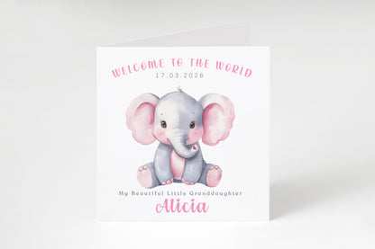 Personalised New Baby Girl Card Congratulations for Newborn Daughter, Granddaughter, Niece, Welcome To The World Card with Elephant Design with Custom Date, Message & Name with Pink Envelope