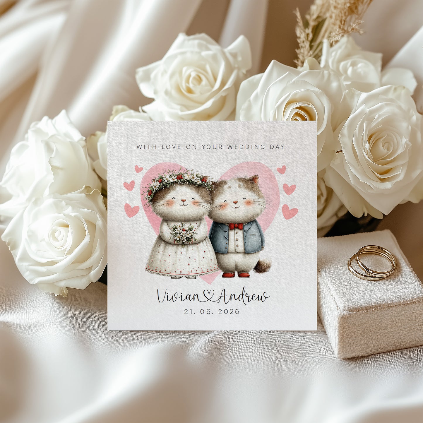 Personalised Wedding Card with Custom Couple's Names & Wedding Date – Cute Cat Design - Wedding Congratulations Card for Newlywed couples, Animal Lovers, Him or Her - Pink Envelope Included