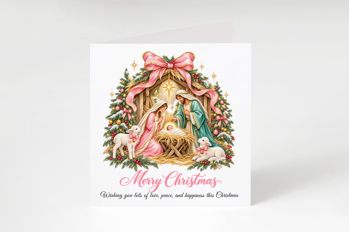 Pink Bow Nativity Christmas Card – Christian Greeting Card