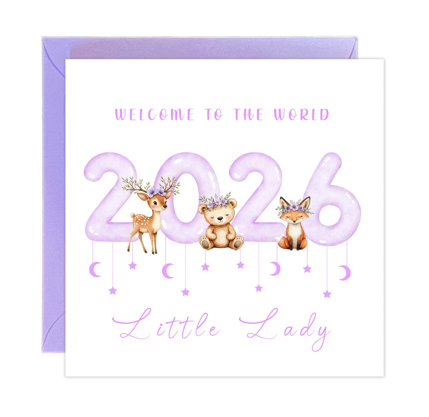 2026 New Baby Girl Card Congratulations for Newborn Daughter, Granddaughter, Niece, Welcome To The World, Baby Shower Card  - Cute Woodland Animals Design - Purple Envelope Included