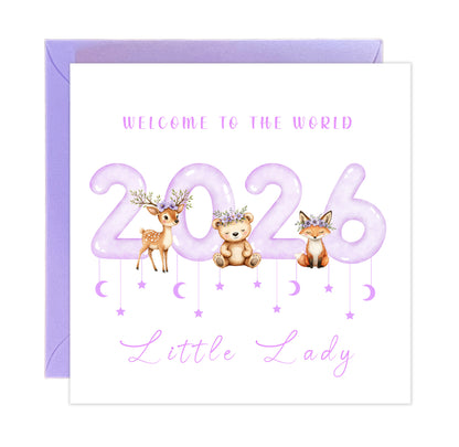 2026 New Baby Girl Card Congratulations for Newborn Daughter, Granddaughter, Niece, Welcome To The World, Baby Shower Card  - Cute Woodland Animals Design - Purple Envelope Included