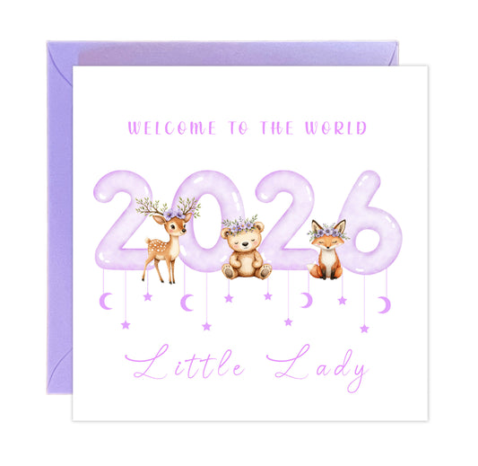 2026 New Baby Girl Card Congratulations for Newborn Daughter, Granddaughter, Niece, Welcome To The World, Baby Shower Card  - Cute Woodland Animals Design - Purple Envelope Included