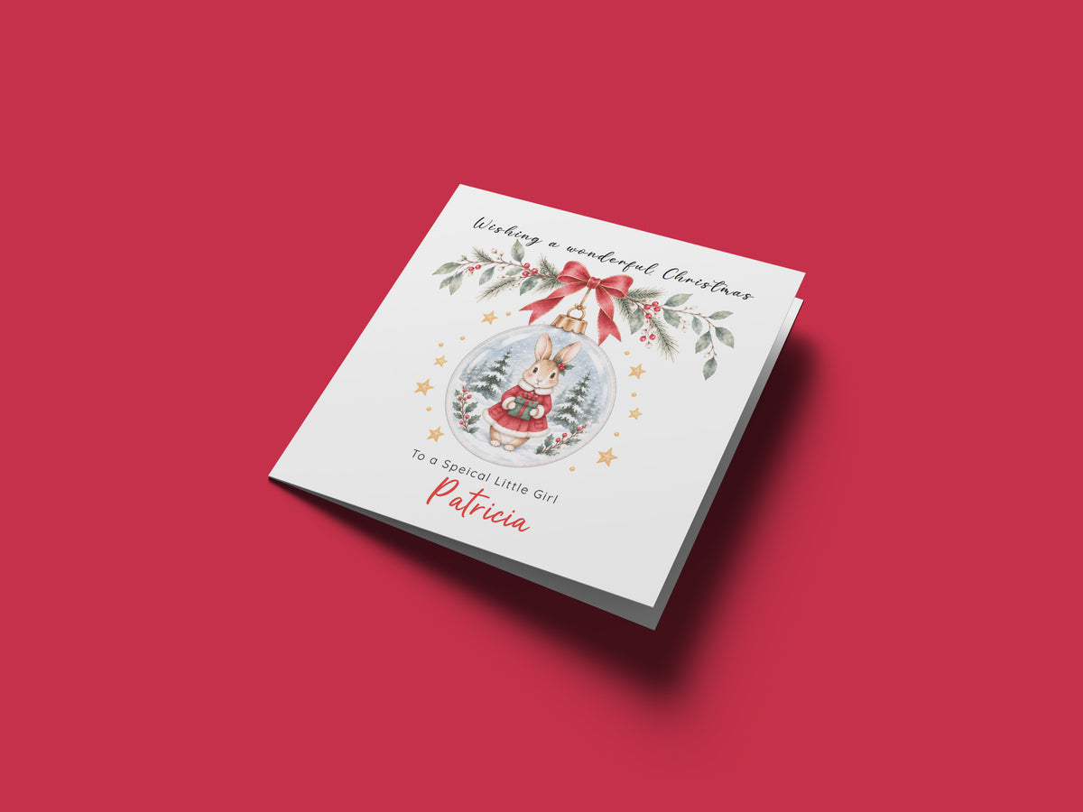 Personalised Christmas card for Girls – Red Bunny in a Christmas Bauble