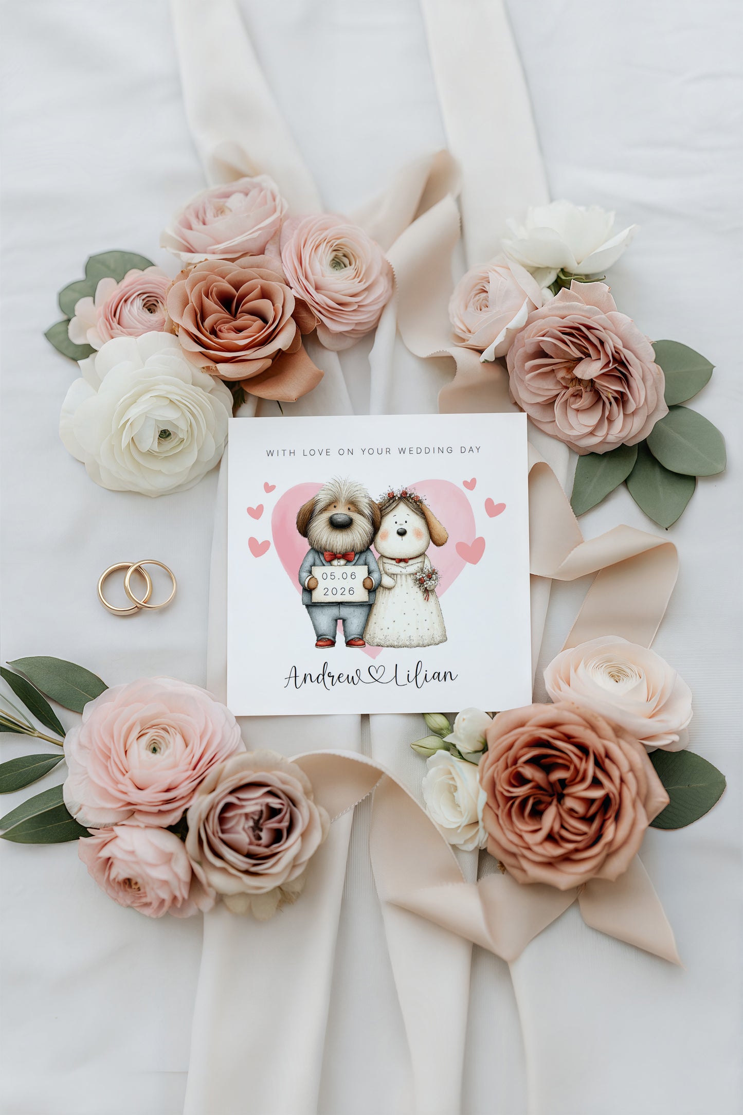 Personalised Wedding Card – Custom Couple's Names & Wedding Date – Cute Dogs Design - Wedding Congratulations Card for Newlywed couples, Dog Lovers, Him or Her - Pink Envelope Included