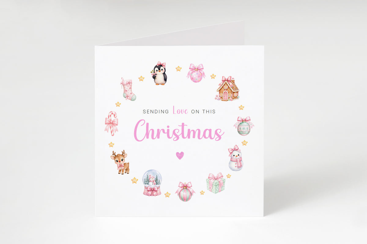 Pastel Pink Christmas Card for Girls – Cute Animals & Festive Xmas Design