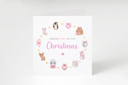 Pastel Pink Christmas Card for Girls – Cute Animals & Festive Xmas Design