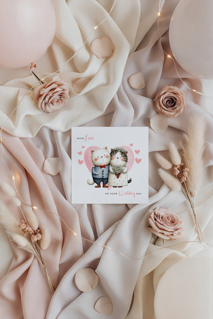 Cute Cat Wedding Card – Wedding Congratulations Card – Adorable Animal Wedding Card – Romantic Wedding Day Card for Newlywed couples, Cat Lovers, Him or Her – Pink Envelope Included