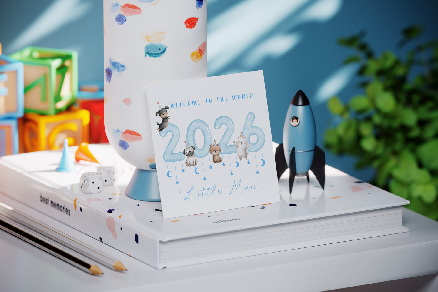 New Baby Boy Card Congratulations for Newborn Boy, Welcome To The World Card, Baby Shower Card for Son, Grandson, Nephew, Baby Boy, Little One - Cute Puppy Dogs Design - Blue Envelope Included