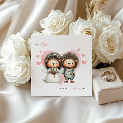 Cute Hedgehog Wedding Card – Wedding Congratulations Card – Adorable Animal Wedding Card – Romantic Wedding Day Card for Newlywed couples, Animal Lovers, Him or Her – Pink Envelope Included