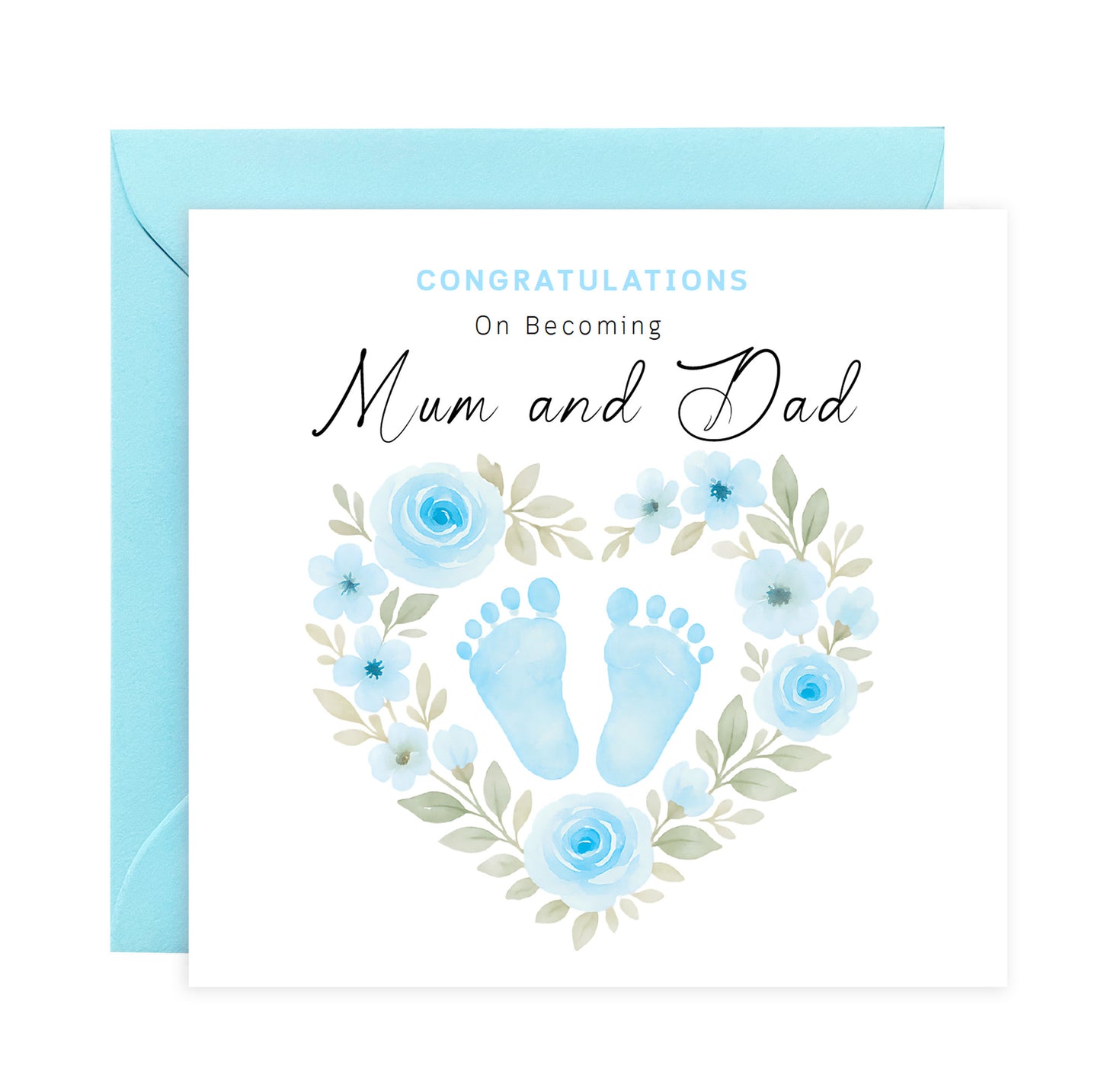 Personalised New Baby Boy Card – Congratulations On Becoming Mum & Dad, Auntie & Uncle, Grandpa & Grandma – Blue Baby Feet design - Blue Envelope Included