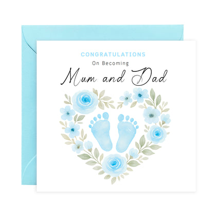 Personalised New Baby Boy Card – Congratulations On Becoming Mum & Dad, Auntie & Uncle, Grandpa & Grandma – Blue Baby Feet design - Blue Envelope Included