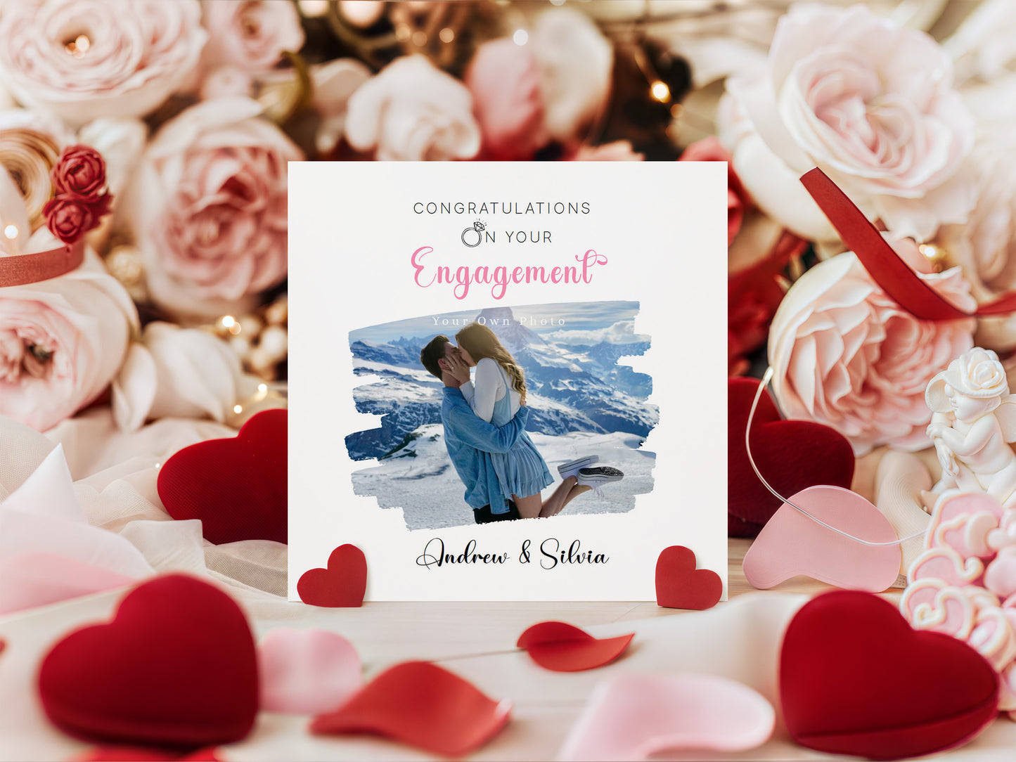 Personalised Photo Engagement Card – Custom Photo & Couple's Names - Brushstroke Photo Frame Design - Congratulations Engagement Card for Newly Engaged Couples - Pink Envelope Included